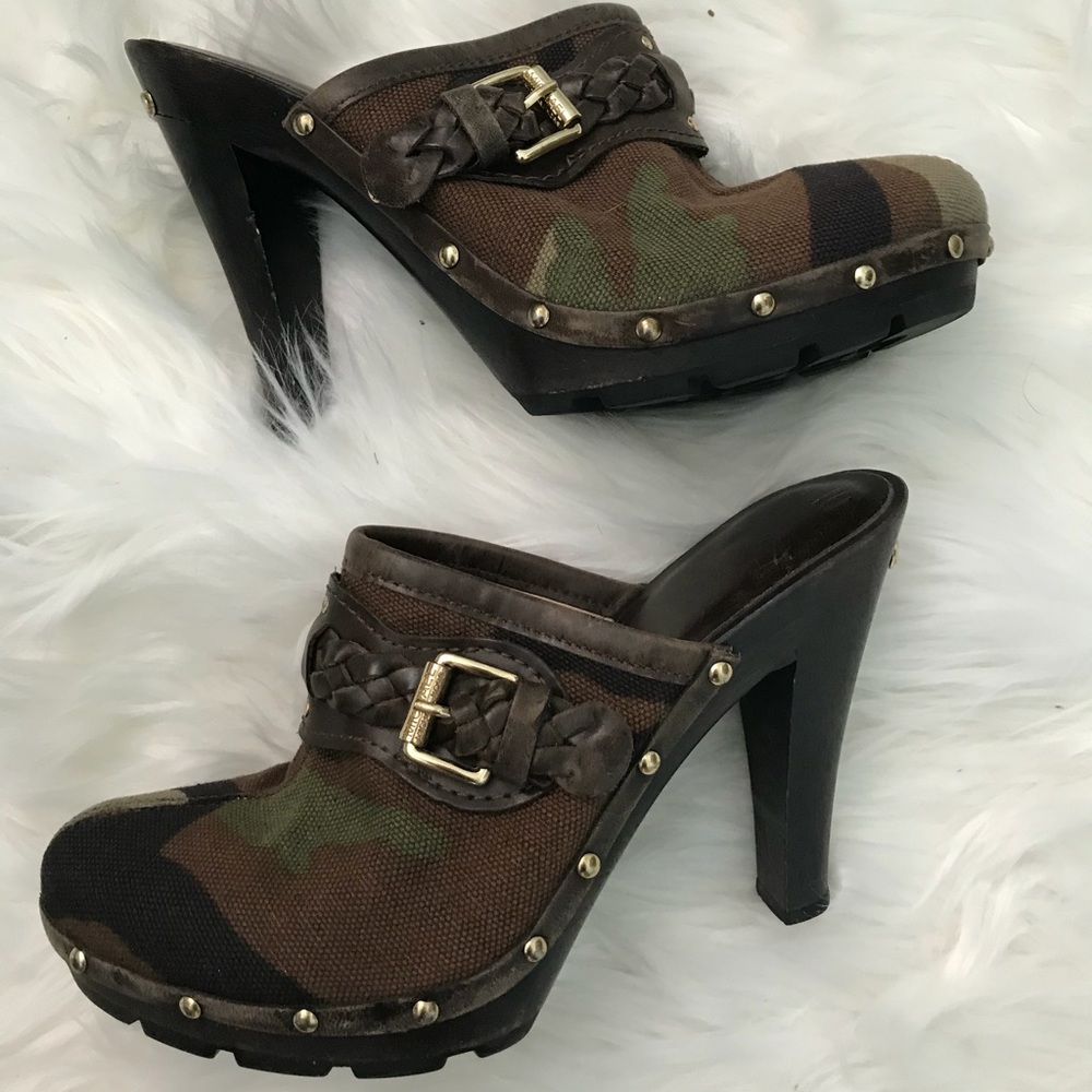 Michael Kors camo heeled clogs